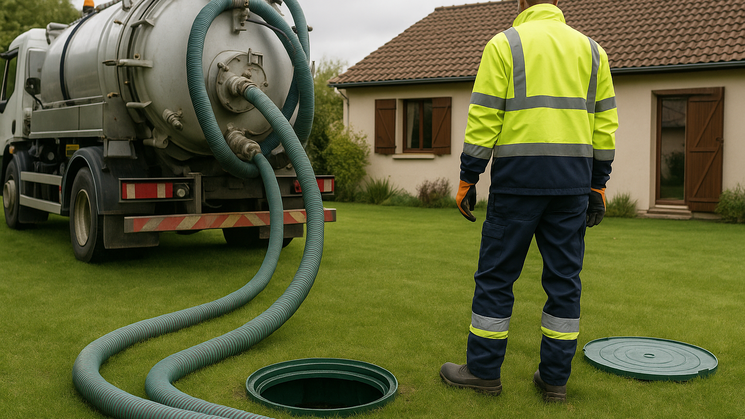 Vidange de fosse septique par camion hydrocureur dans un jardin pavillonnaire d&rsquo;Île-de-France