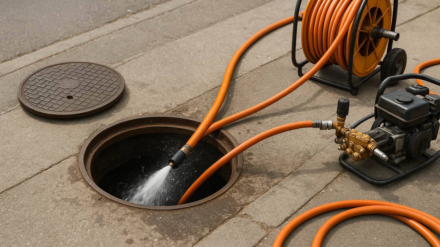 Hydrocurage haute pression par le regard : la buse nettoie la canalisation sur toute sa longueur