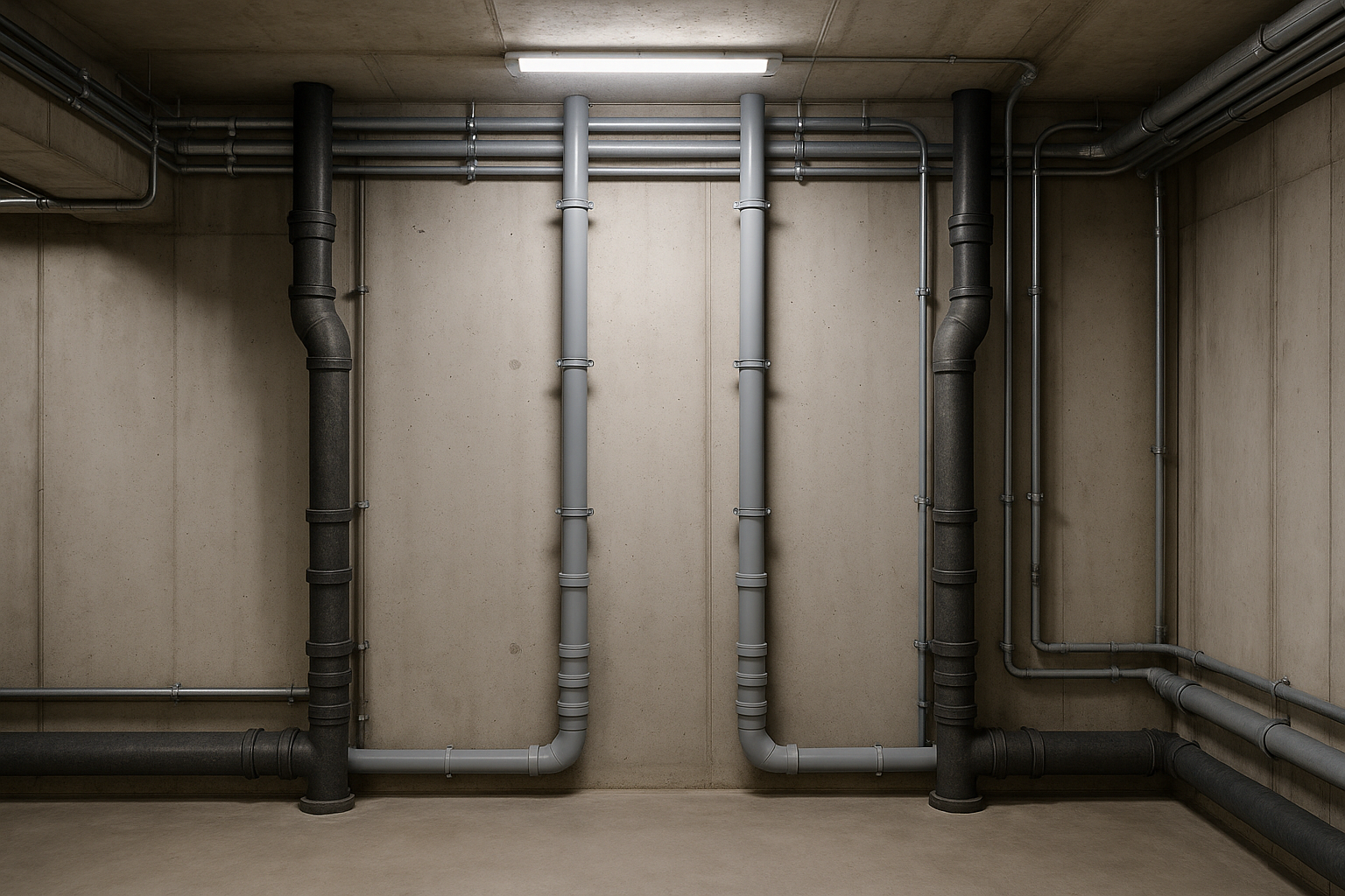Colonnes de canalisations d'un immeuble en sous-sol
